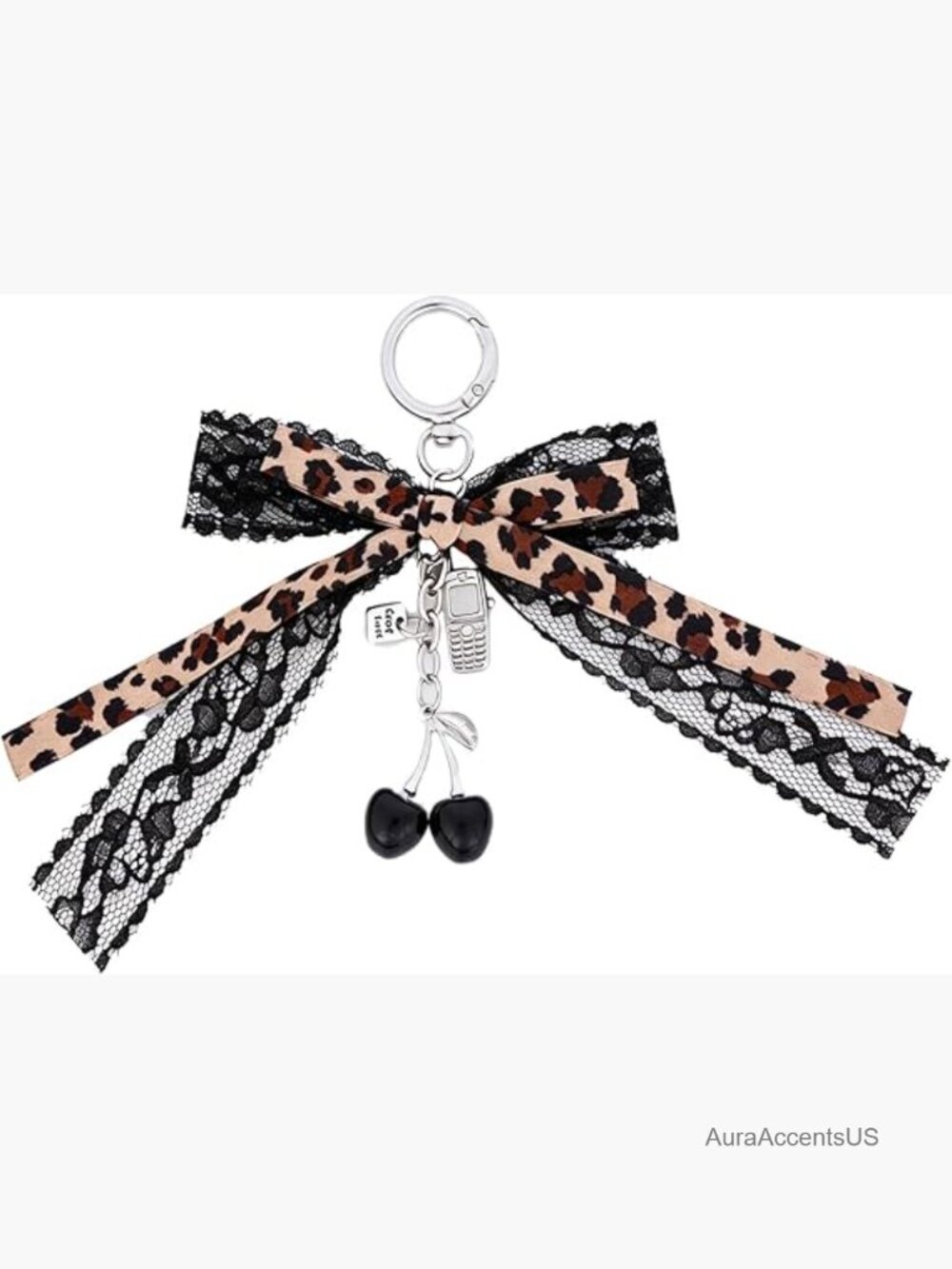Leopard Bow Bag Charms Keychain Purse Cute Cherry Handbag Accessory